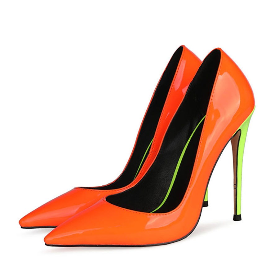 Thin Heeled High Heels, European and American Pointed Patent Leather Color Matching Light Cut Large Size Single Shoes