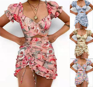 European and American Fashion Printed Drawstring Ruffle Sexy Short Sleeved Dress