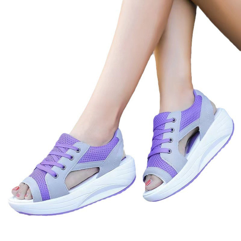 Summer Women Sandales Fashion Shoes Casual Flat Peep Toe Contrast Paneled Cutout Lace-up Muffin Sandals Platform Sport Sandalias