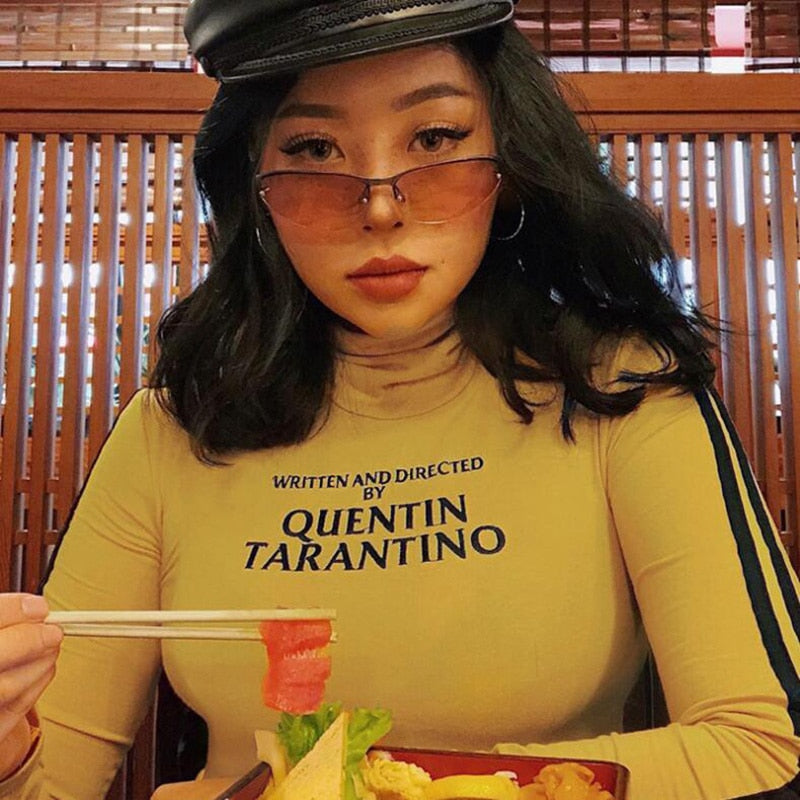 Fashion Quentin Tarantino Sexy Crop Tops Women Side Stripe Long Sleeve Turtleneck Cotton Knitted Short T Shirt Lady