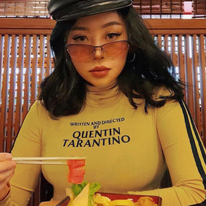 Fashion Quentin Tarantino Sexy Crop Tops Women Side Stripe Long Sleeve Turtleneck Cotton Knitted Short T Shirt Lady