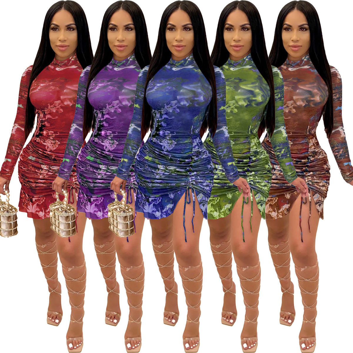 European And American Style Women's Fashion Fashion Pleated Digital Printing Long Sleeve Dress