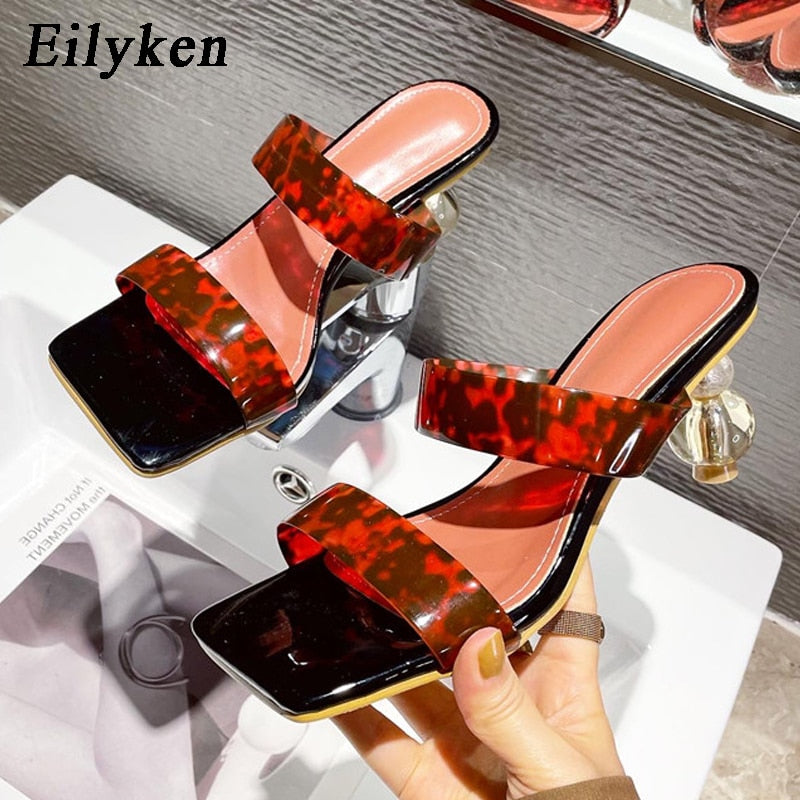 Summer Square Toe Ladies Slippers PVC Transparent Crystal Strange Style Clear Heel Women Leopard Grain Slides