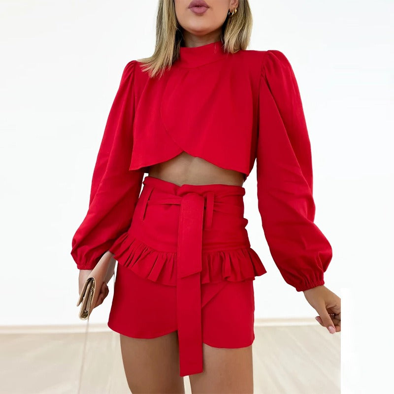 Women's Summer Sweet Half High Neck Long Sleeve Shirt Lace up High Waist Ruffle Short Skirt Set