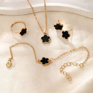 Dainty Floral Clover Jewelry Set for Women – Necklace, Bracelet, Earrings, and Rings in Multiple Colors