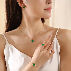 Dainty Floral Clover Jewelry Set for Women – Necklace, Bracelet, Earrings, and Rings in Multiple Colors