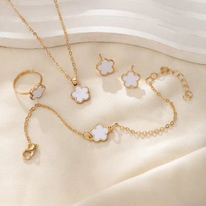 Dainty Floral Clover Jewelry Set for Women – Necklace, Bracelet, Earrings, and Rings in Multiple Colors