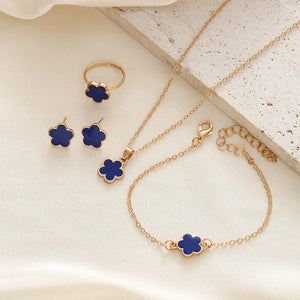 Dainty Floral Clover Jewelry Set for Women – Necklace, Bracelet, Earrings, and Rings in Multiple Colors