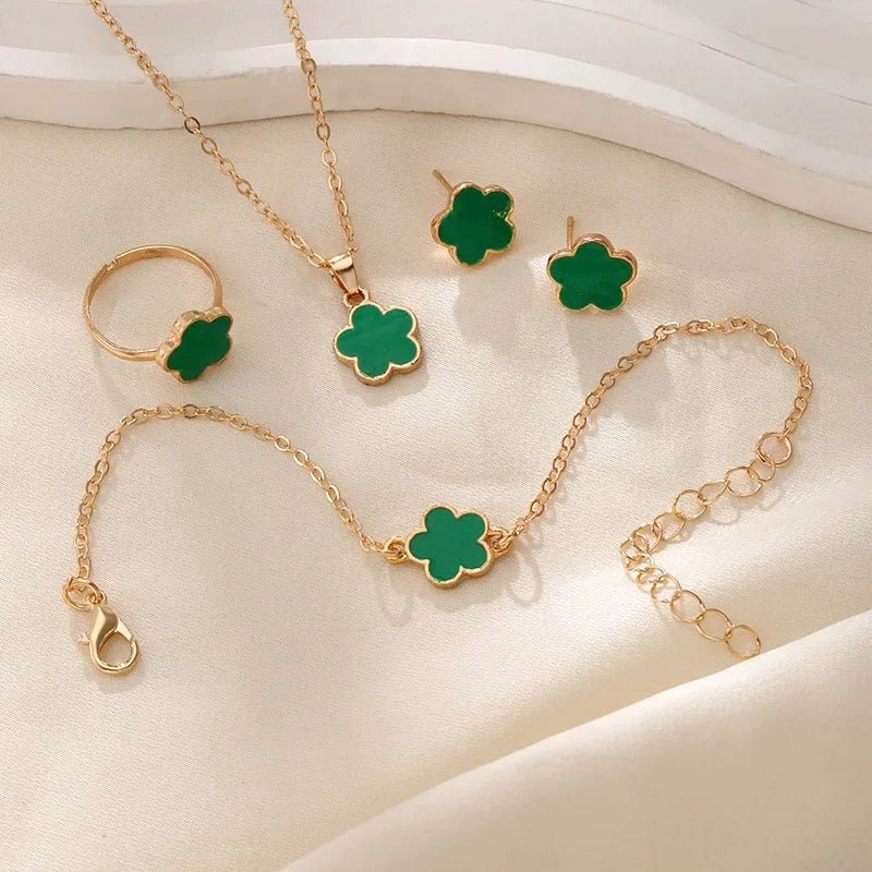 Dainty Floral Clover Jewelry Set for Women – Necklace, Bracelet, Earrings, and Rings in Multiple Colors