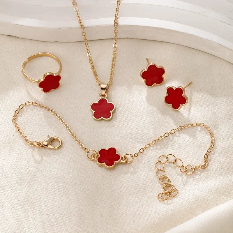 Dainty Floral Clover Jewelry Set for Women – Necklace, Bracelet, Earrings, and Rings in Multiple Colors