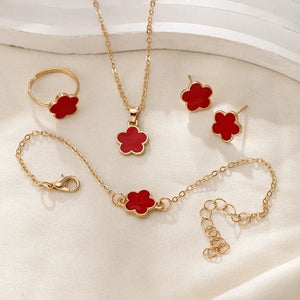 Dainty Floral Clover Jewelry Set for Women – Necklace, Bracelet, Earrings, and Rings in Multiple Colors