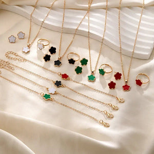 Dainty Floral Clover Jewelry Set for Women – Necklace, Bracelet, Earrings, and Rings in Multiple Colors