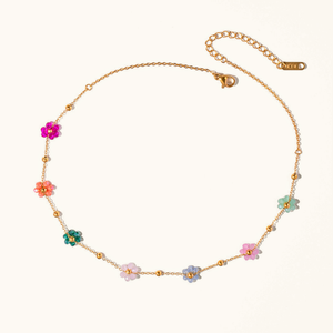 Dainty Floral Necklace with Pastel Charms – Waterproof Hypoallergenic Jewelry for Women, 17-Inch Adjustable Length