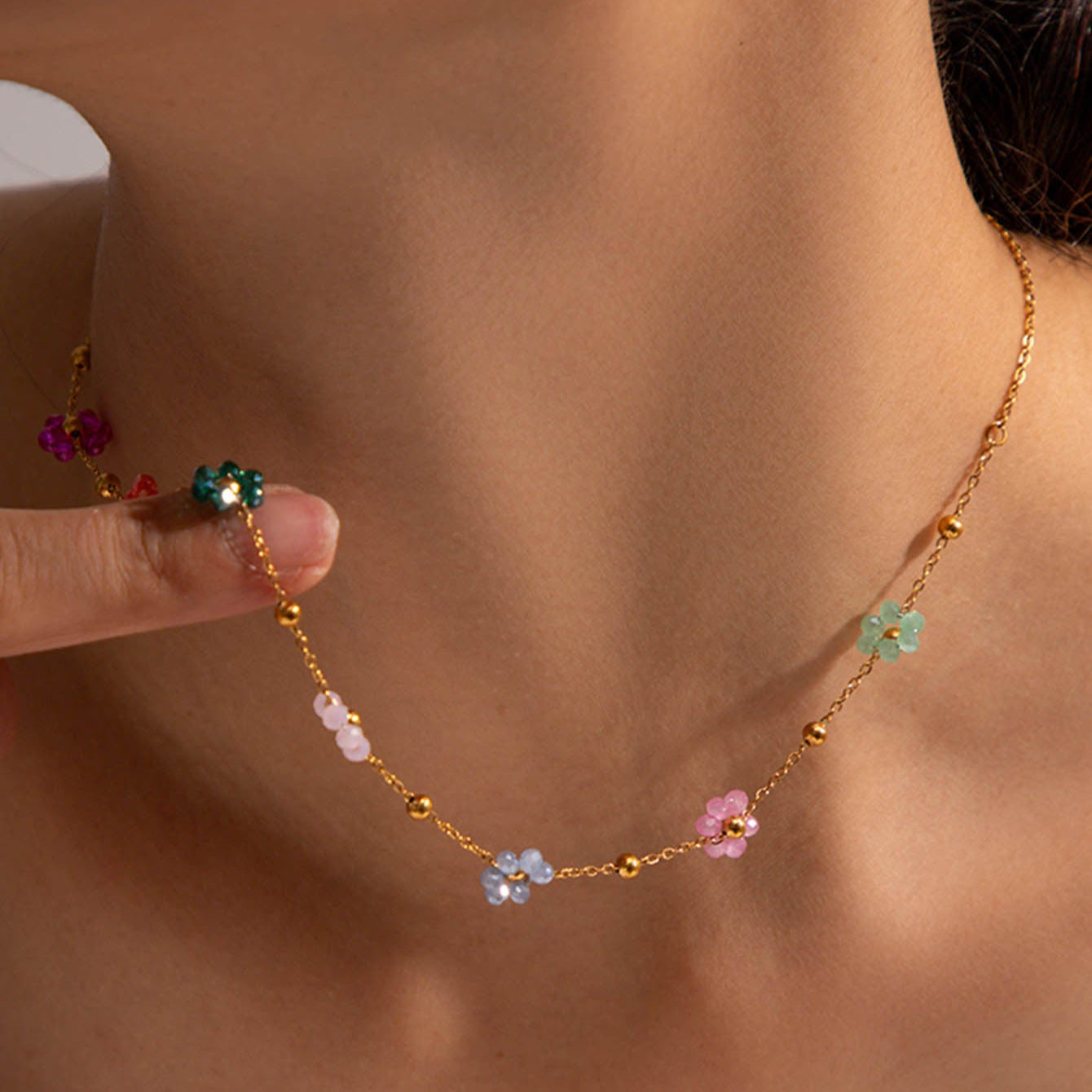Dainty Floral Necklace with Pastel Charms – Waterproof Hypoallergenic Jewelry for Women, 17-Inch Adjustable Length