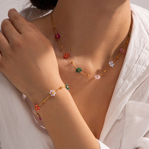 Dainty Floral Necklace with Pastel Charms – Waterproof Hypoallergenic Jewelry for Women, 17-Inch Adjustable Length