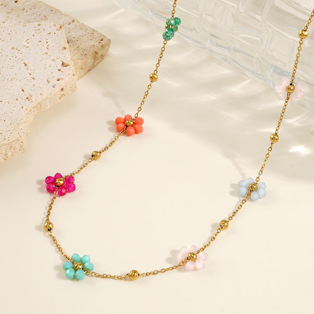 Dainty Floral Necklace with Pastel Charms – Waterproof Hypoallergenic Jewelry for Women, 17-Inch Adjustable Length