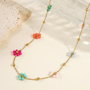 Dainty Floral Necklace with Pastel Charms – Waterproof Hypoallergenic Jewelry for Women, 17-Inch Adjustable Length