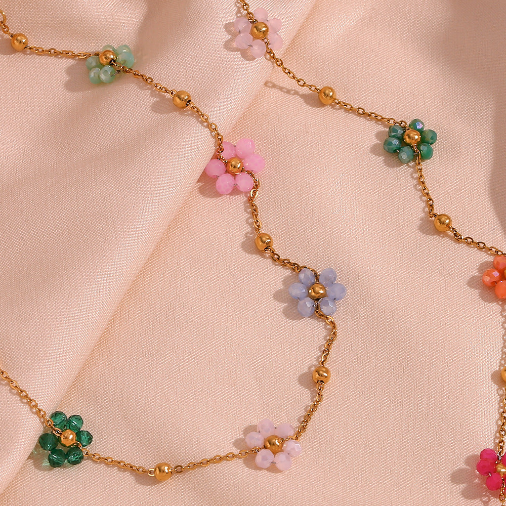 Dainty Floral Necklace with Pastel Charms – Waterproof Hypoallergenic Jewelry for Women, 17-Inch Adjustable Length
