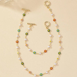 Dainty Floral Pearls Necklace and Bracelet Set for Women – Elegant Spring Jewelry with Natural and Heart Shaped Pearls