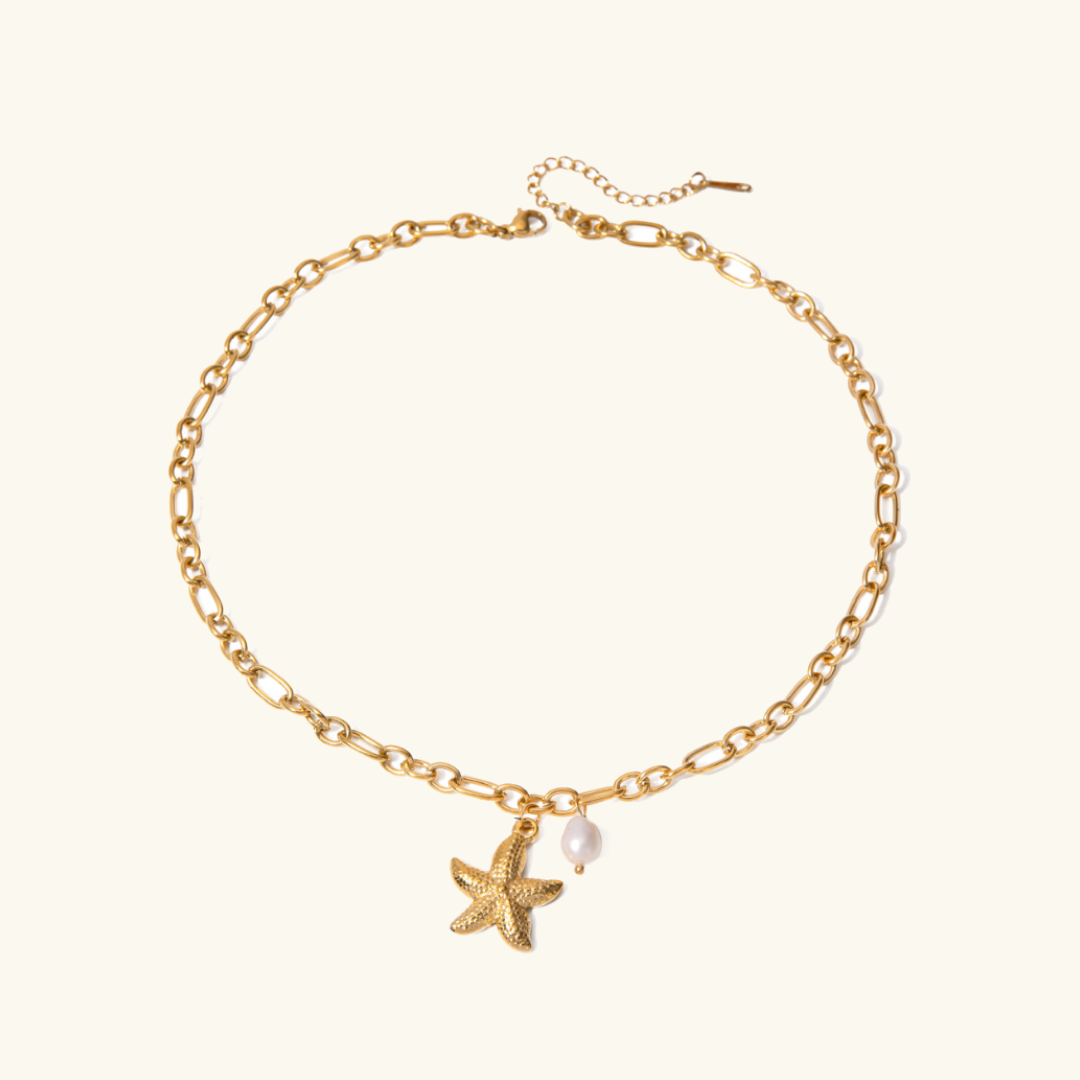 Dainty Gold Necklace with Starfish Pendant and Freshwater Pearl – Waterproof 18k Gold-Plated Chain for Women