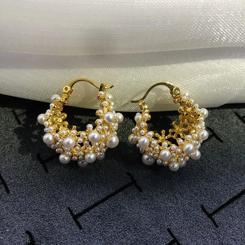 Dainty Pearl Hoop Earrings – Elegant Statement Jewelry in Gold or Silver – Stainless Steel and Copper Design