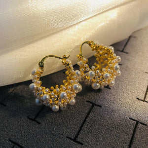 Dainty Pearl Hoop Earrings – Elegant Statement Jewelry in Gold or Silver – Stainless Steel and Copper Design