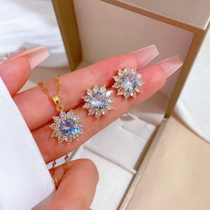 Dazzling Sunflower Floral Jewelry Set - Necklace and Earring Set with Zircon Accents in Gold Plated Design