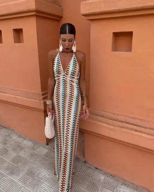 Women's Summer Dress White Lightweight Deep V-Neck Halter