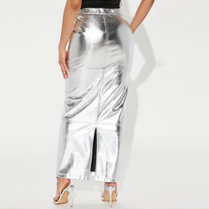 Sexy Sparkly Slit Long Skirts Women High Waist Metallic Green Slim Maxi Skirt Summer Harajuku Elegant Fairy Grunge Clothes