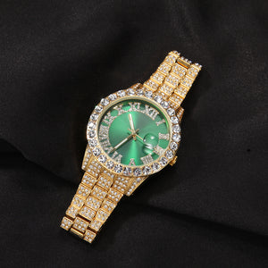 Hip-Hop Roman Numerals Diamond-Encrusted Men's Watch Fashion Fashion Brand Green Face Large Dial Quartz Watch