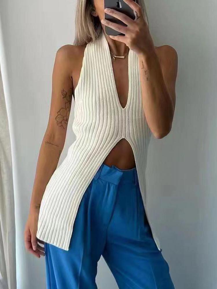 Yedinas Streetwear Knitted Sleeveless Tank Top Women V Neck Split Korean Fashion Cropped Feminino  Summer Ladies Tops Y2k