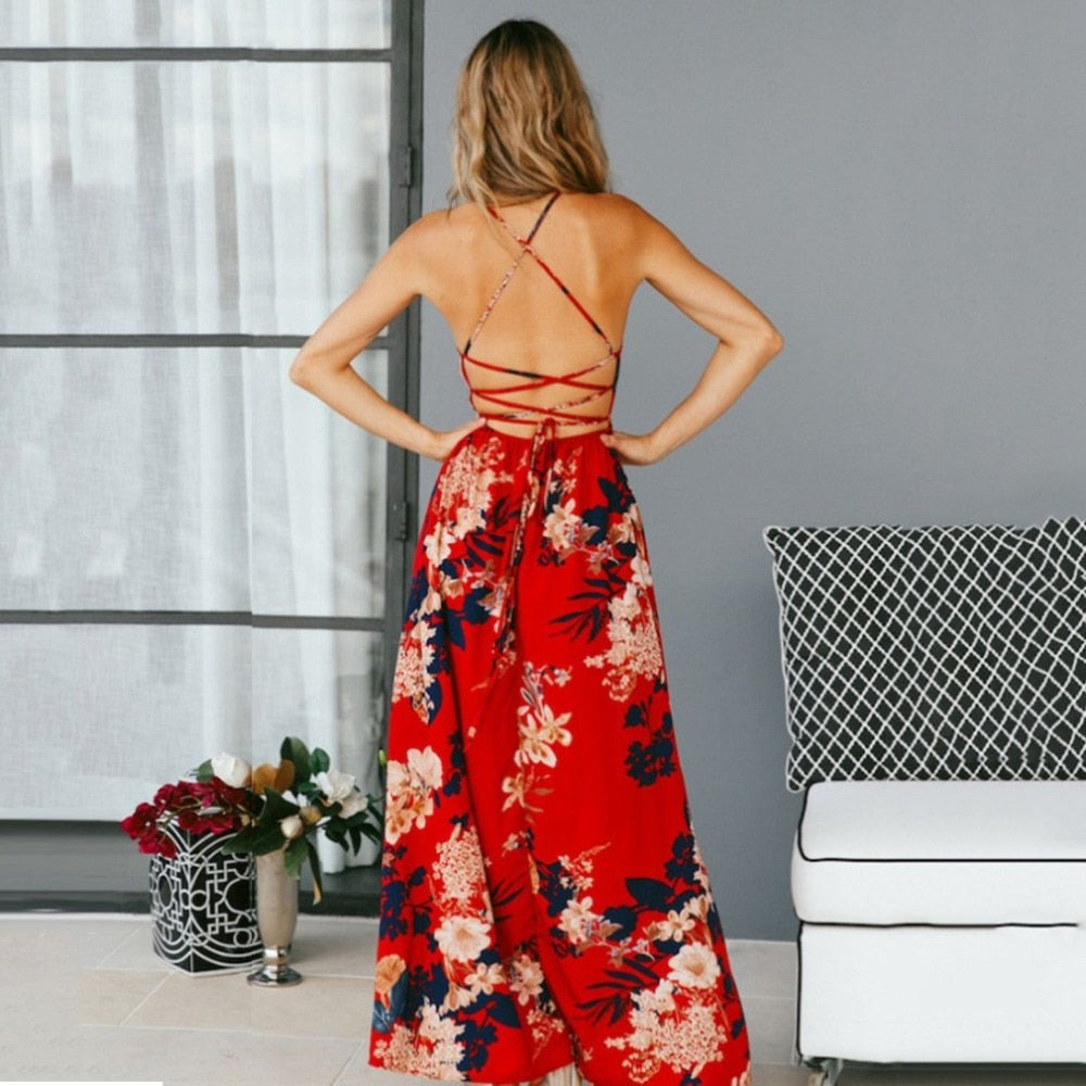 Red Floral Print backless summer dress Women deep V neck bohemian maxi dress Spaghetti irregular long dress