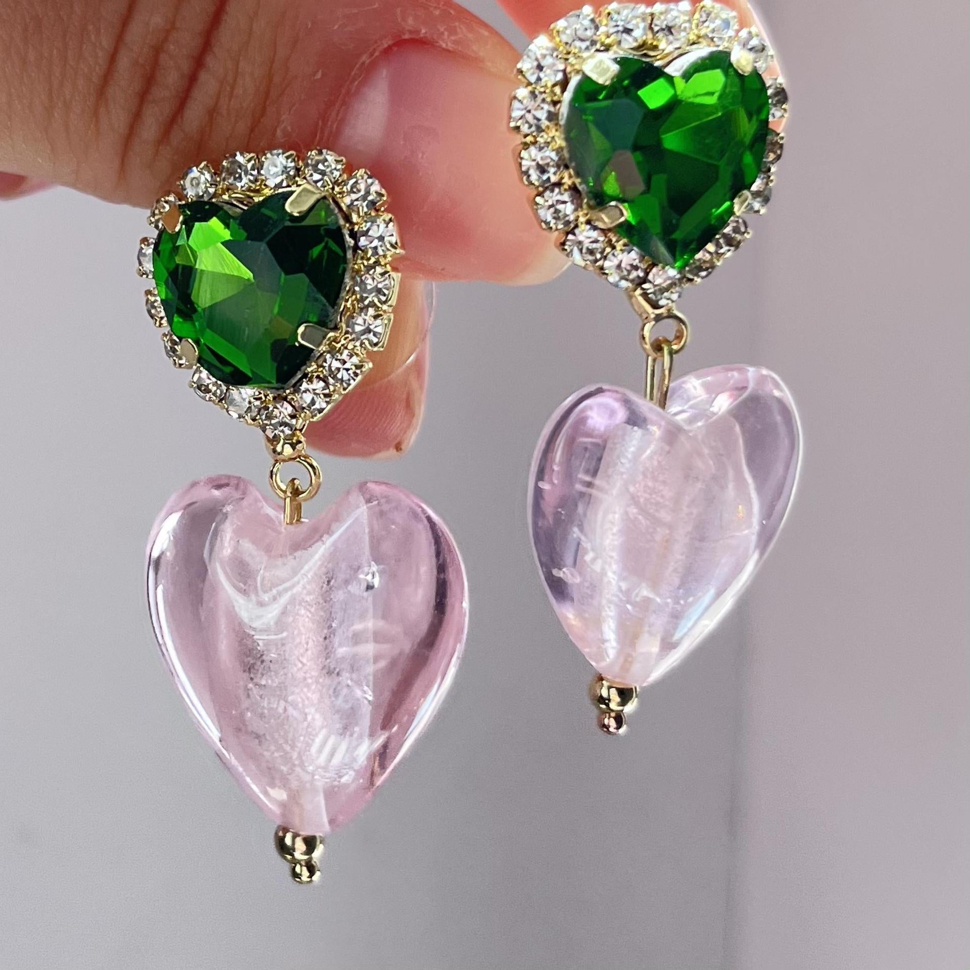 Retro Geometric Heart Earrings for Women Design Pink Glass Drop Earrings