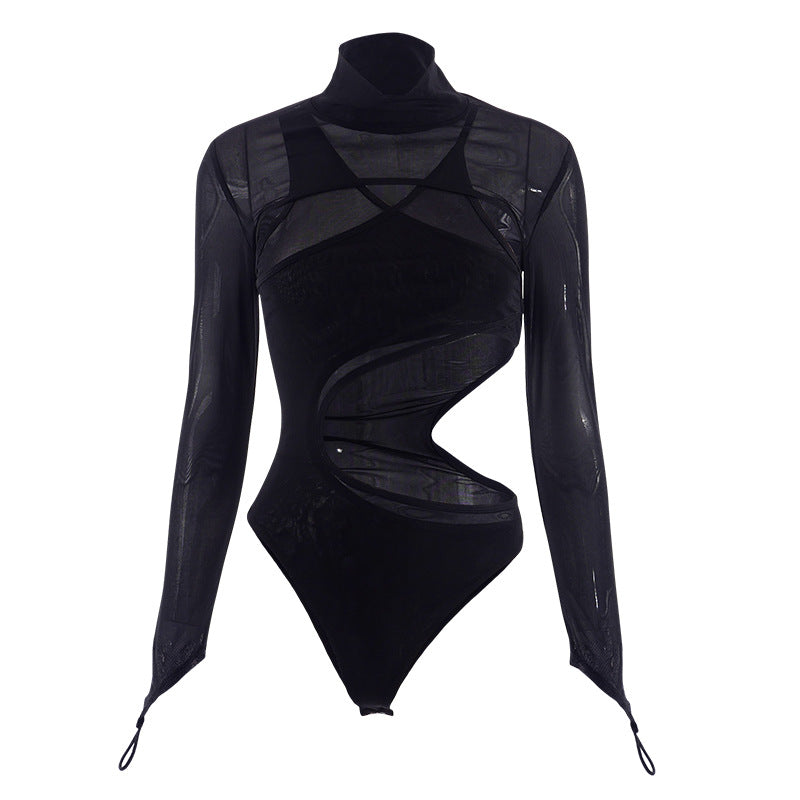 Spring New Fashion Sexy Mesh Perspective Tight Long Sleeve Bodysuit