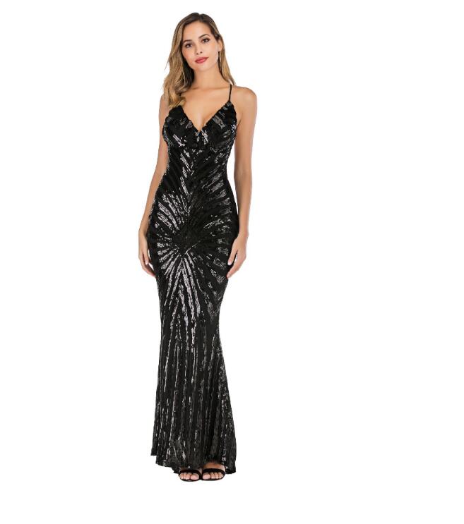 Elegant Deep V Neck Party Dresses Gold Sequined Maxi Dresses Backless Bodycon Evening Club Mermaid Dress