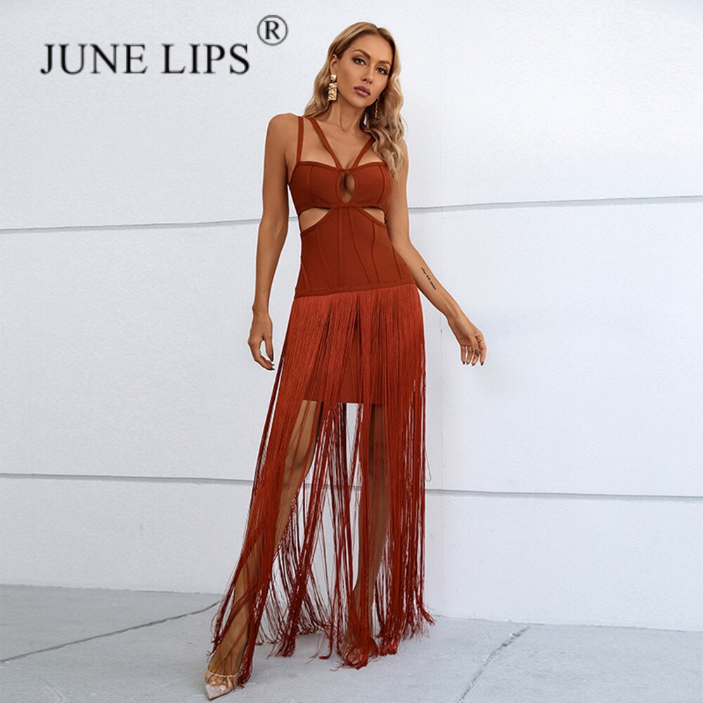 JUNE LIPS 2022 New Tassel Black Slim Mesh Strap Dress Cross Sexy Spaghetti Party Club Dress Elegant Dress Evening Dress