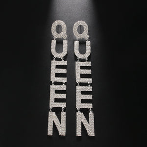 QUEEN Letter Earrings Exaggerate Personality Long Full Diamond Earrings