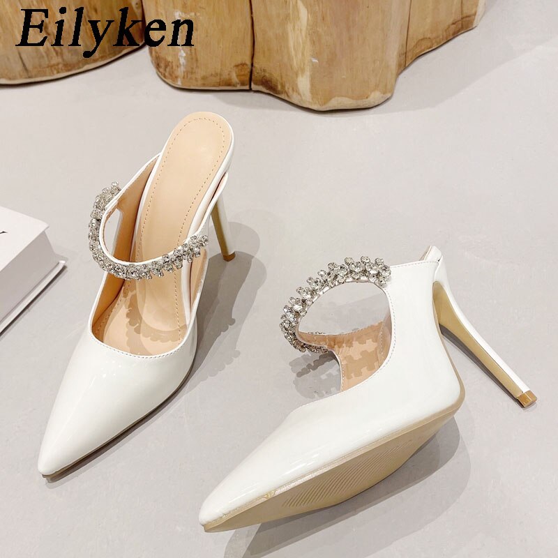 Fashion Design Crystal Pumps Women Sexy Pointed Toe High Heels Sandals Wedding Bride Prom Mules Slippers Shoes