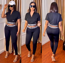 Load image into Gallery viewer, European and American women fashion casual printing black two piece set
