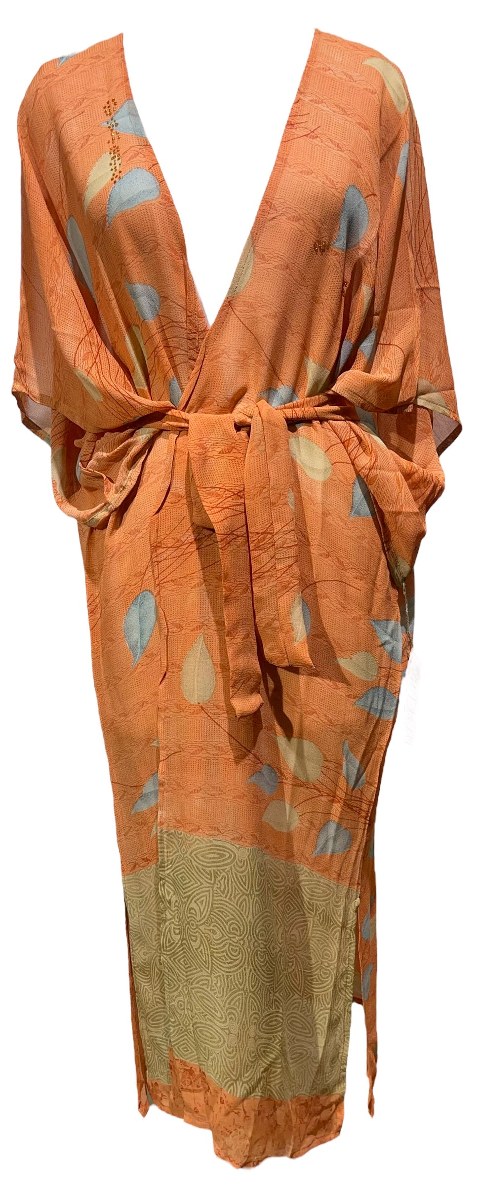 FINAL SALE PRG4949 Sheer Avatar Long Pure Silk Kimono Sleeved Duster with Belt