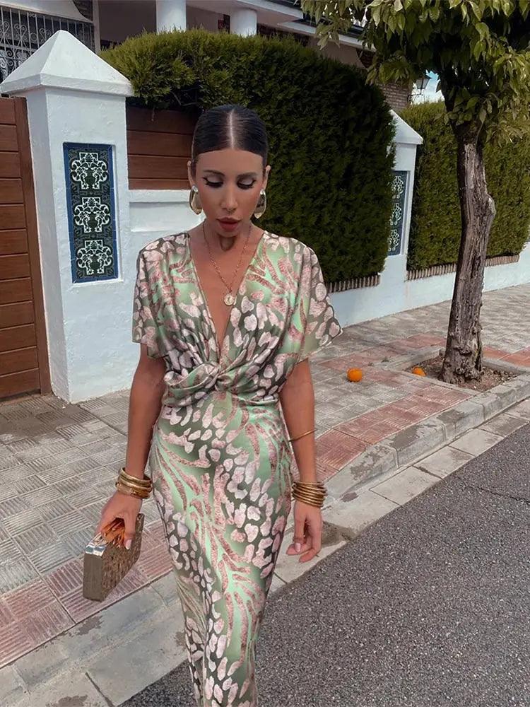 Women's Floral Midi Dress V-Neck Pleated Polyester