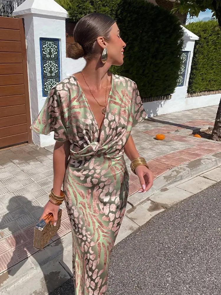 Women's Floral Midi Dress V-Neck Pleated Polyester