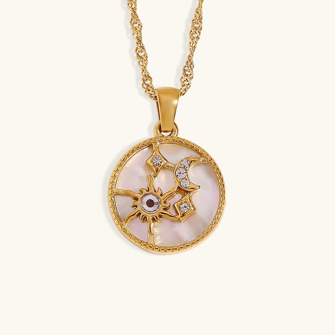 Elegant 18k Gold Necklace with Celestial Pendant and Diamond Simulants – Waterproof and Hypoallergenic