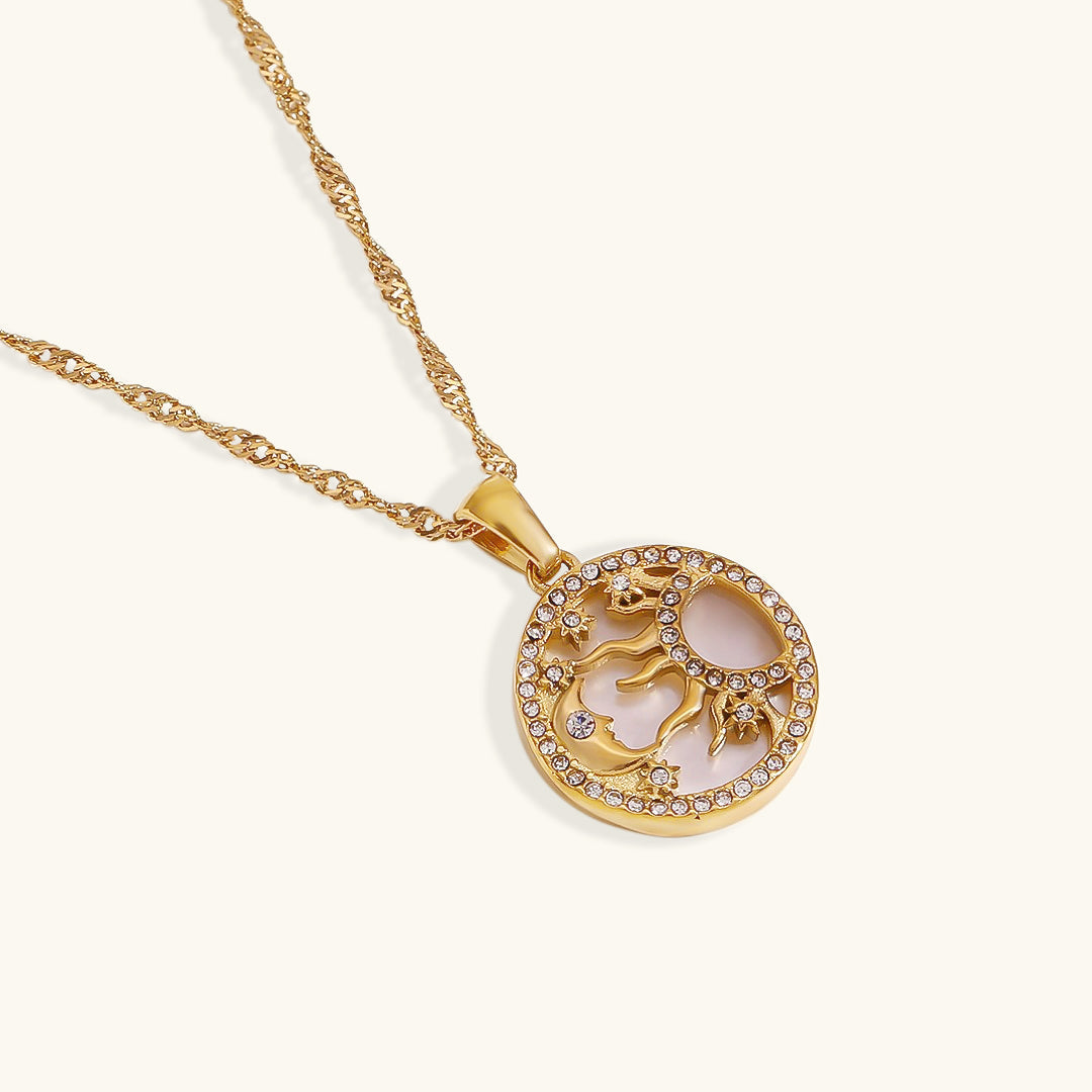 Elegant 18k Gold Necklace with Cosmic Pendant and Diamond Simulants – Hypoallergenic Women's Jewelry