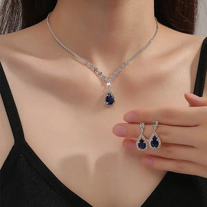 Elegant Blue Teardrop Jewelry Set – Necklace and Earring Set in Stainless Steel with Adjustable Length
