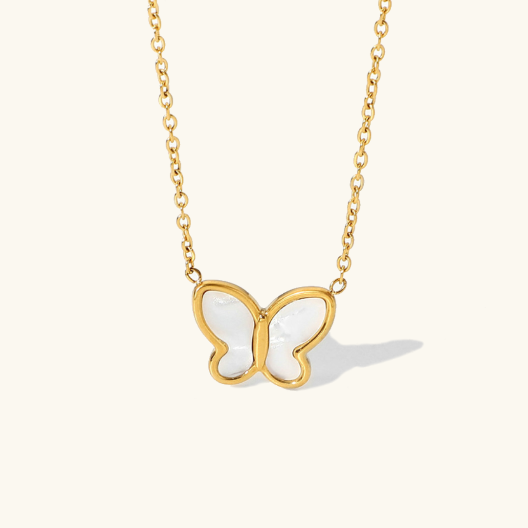 Elegant Butterfly Pendant Necklace with Mother of Pearl and Freshwater Pearls – Hypoallergenic Gold-Plated Jewelry for Women