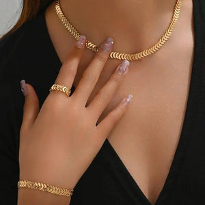 Elegant Fishbone Jewelry Set - Necklace, Bracelet, and Ring in Stainless Steel and Copper