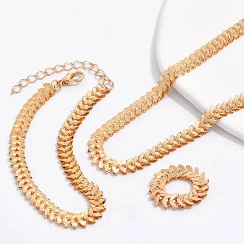 Elegant Fishbone Jewelry Set - Necklace, Bracelet, and Ring in Stainless Steel and Copper