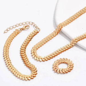 Elegant Fishbone Jewelry Set - Necklace, Bracelet, and Ring in Stainless Steel and Copper