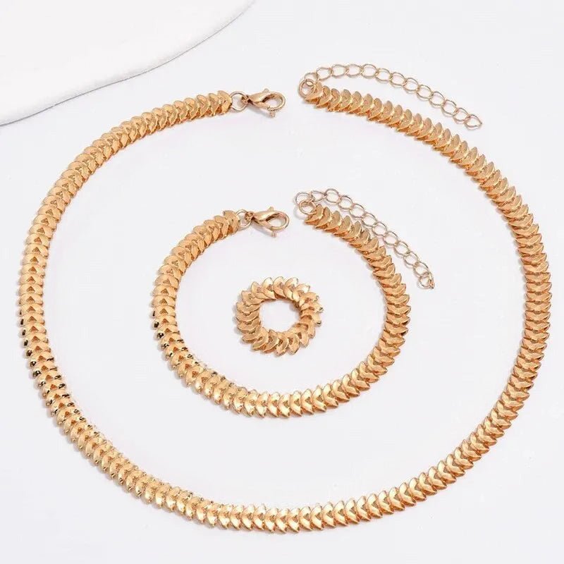 Elegant Fishbone Jewelry Set - Necklace, Bracelet, and Ring in Stainless Steel and Copper